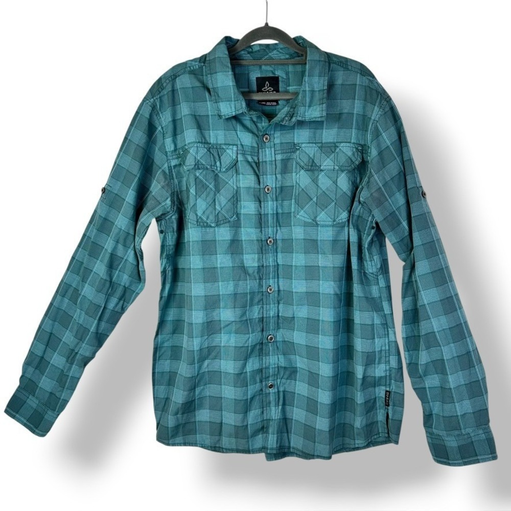 PrAna Mens Fletcher Long Sleeve Button Outdoor Plaid Organic Cotton Blend Sz XL